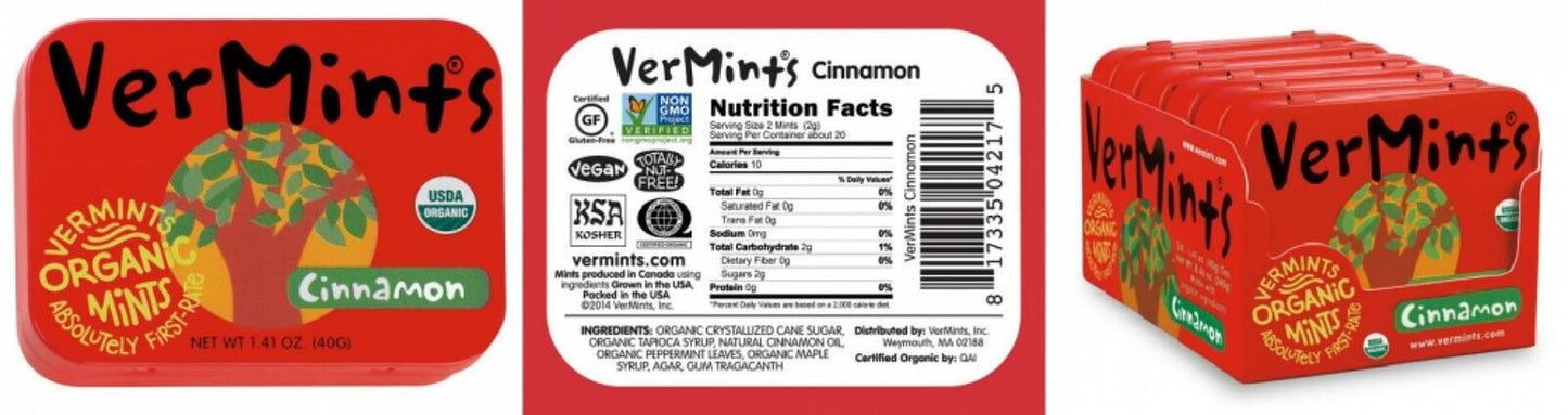 Vermints Organic Cinnamon Mints, 1.41Oz Tins (Pack of 6)