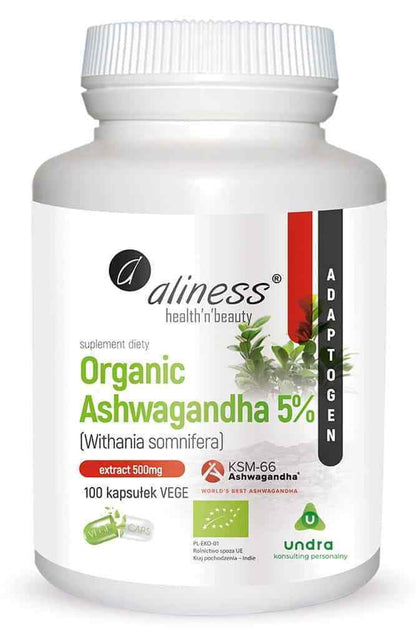 ALINESS Organic Ashwagandha 5% KSM-66 500Mg, 100 Capsules