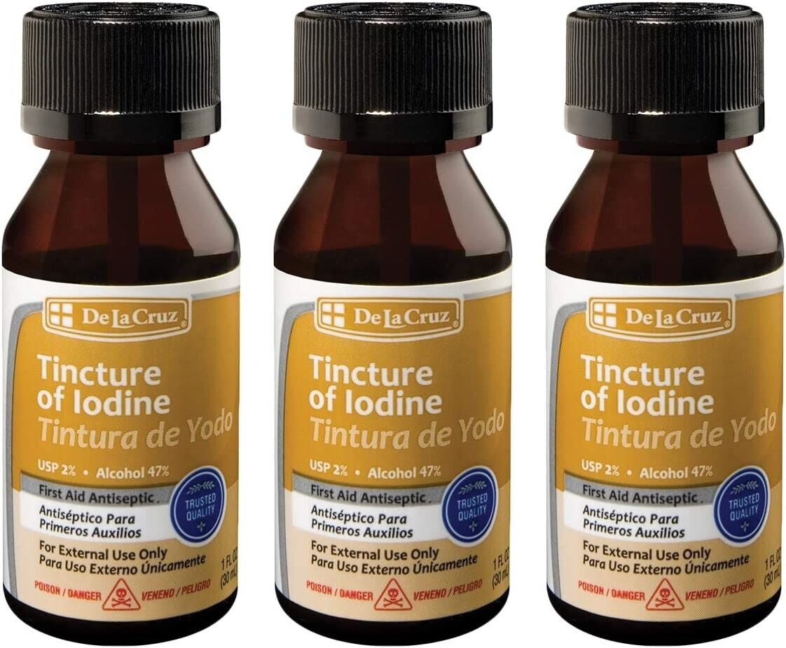 De La Cruz Tincture of Iodine, Made in USA, 1 FL. OZ. (3 BOTTLES) Exp. 07/2027