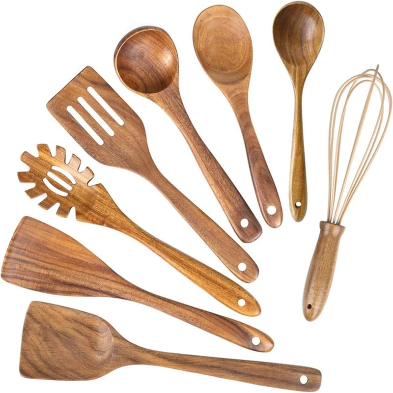 Wooden Kitchen Utensils for Cooking Natural Wood Utensil Set Wooden Spoons 7/8/11/13Pcs Nonstick Set Spatula