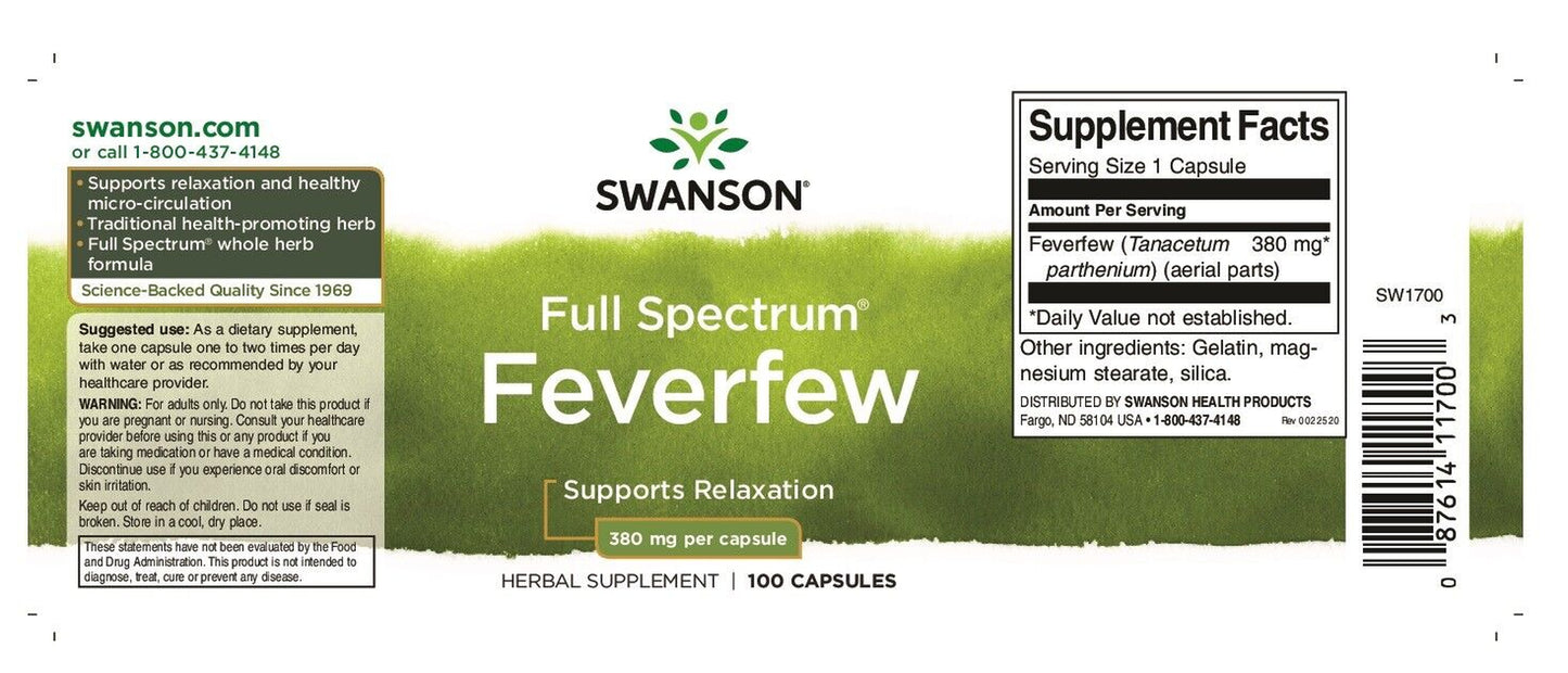 SWANSON Feverfew 380Mg (Relaxation Support) 100 Capsules