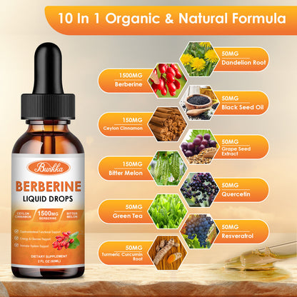 1500Mg Berberine Liquid Drops Organic Ceylon Cinnamon Bitter Melon 2 FL OZ