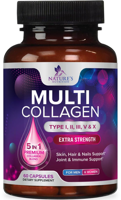 Collagen Peptides Pills 1000Mg Hydrolyzed Collagen Capsules (Types I,II,III,V,X)