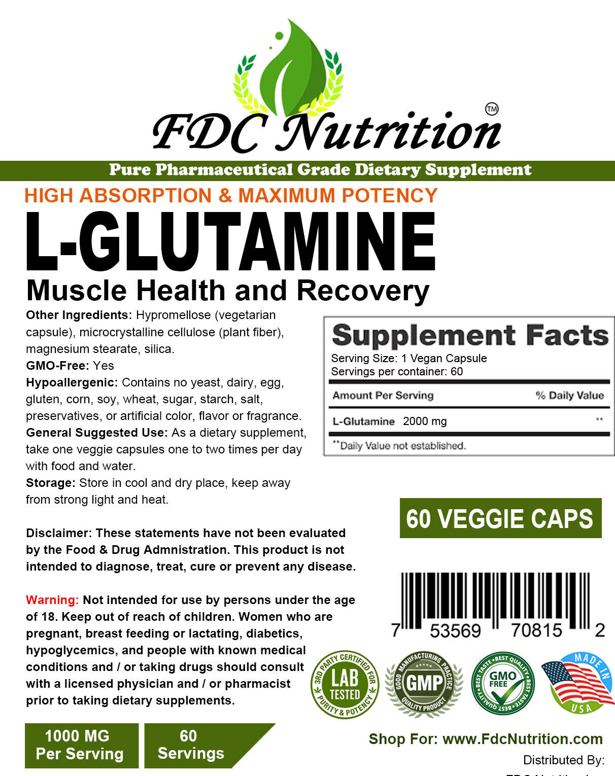 L-Glutamine 2000 Mg Vegan Capsules All Size Made in USA