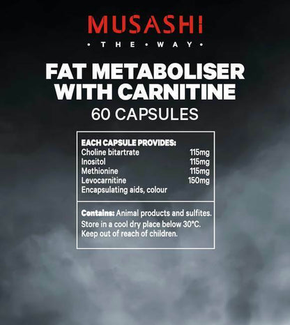 MUSASHI Fat Metaboliser with Carnitine 60 Capsules 115Mg Choline Bitartrate