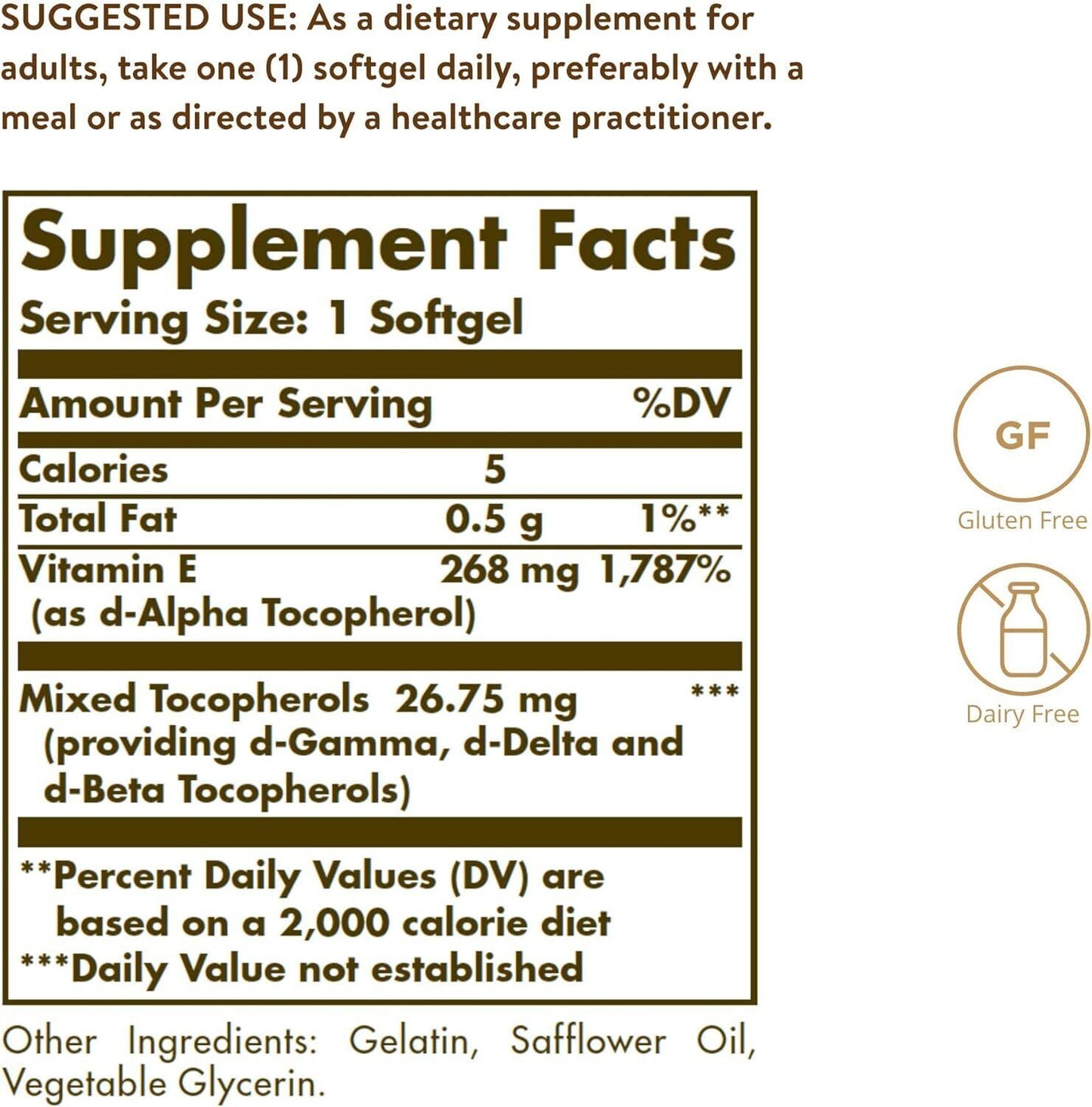 Solgar Vitamin E 268 MG (400 IU) (D-Alpha Tocopherol & Mixed Tocopherols), 100 S