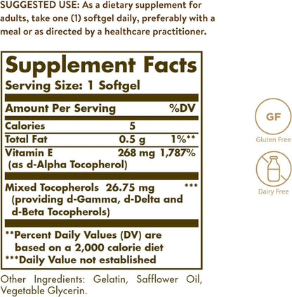 Solgar Vitamin E 268 MG (400 IU) (D-Alpha Tocopherol & Mixed Tocopherols), 100 S