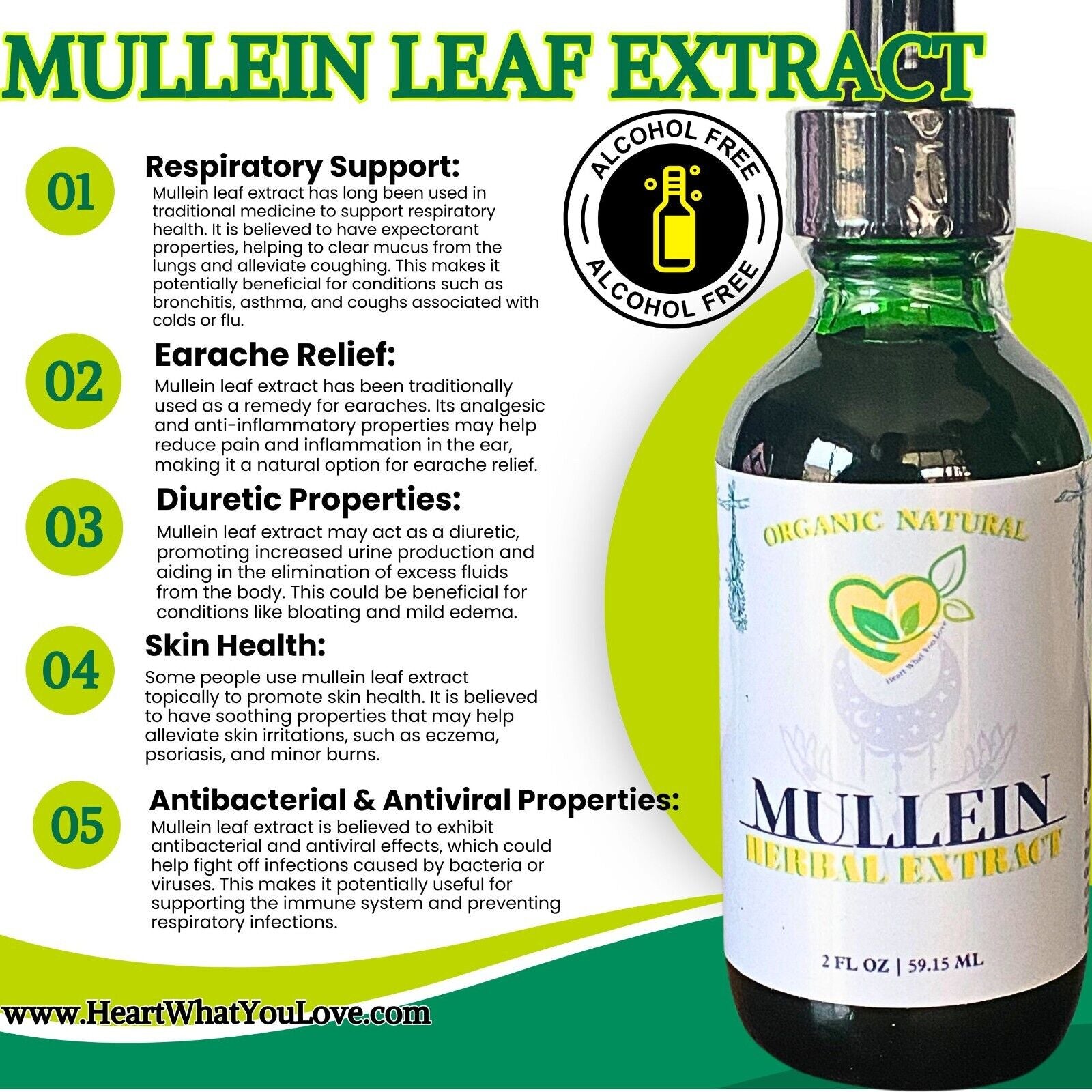 Mullein Leaf Non-Alcohol Extract Natural Liquid Drops 2 OZ Bottle Lungs Breath