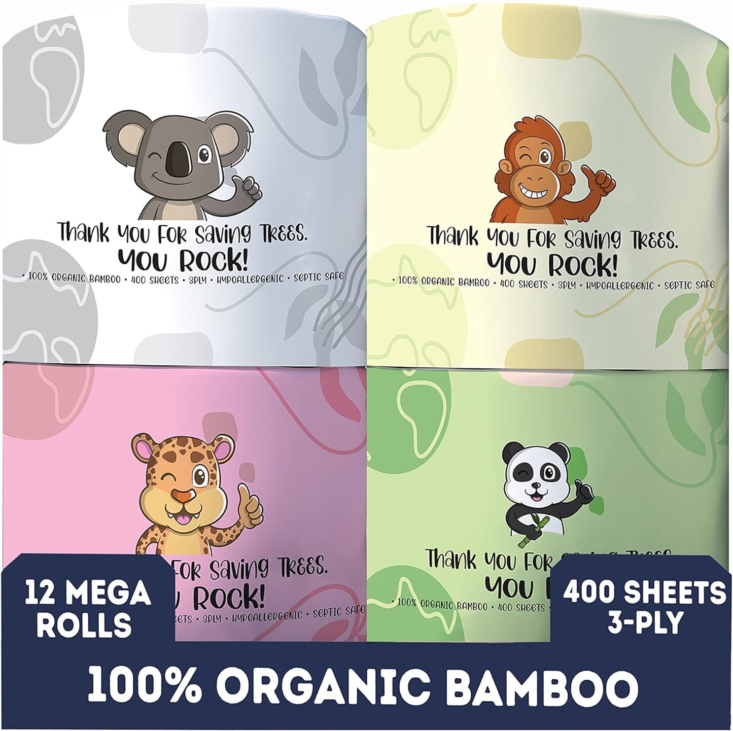 Organic Bamboo Toilet Paper | 400 Sheets 3-Ply | 12 Hypoallergenic Mega Rolls | BPA Bleach free