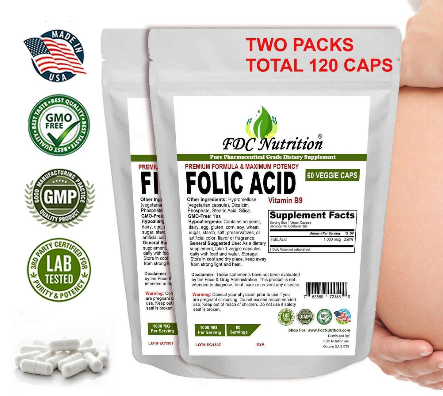 Two Packs Folic Acid (Vitamin B9) 1000 Mcg, 60 Capsules - Gluten Free & Non-Gmo