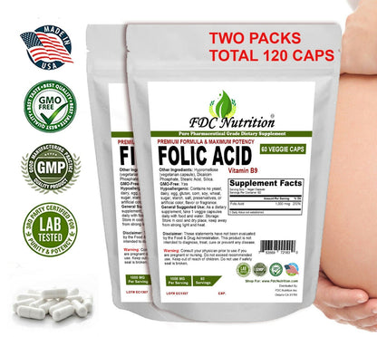 Two Packs Folic Acid (Vitamin B9) 1000 Mcg, 60 Capsules - Gluten Free & Non-Gmo