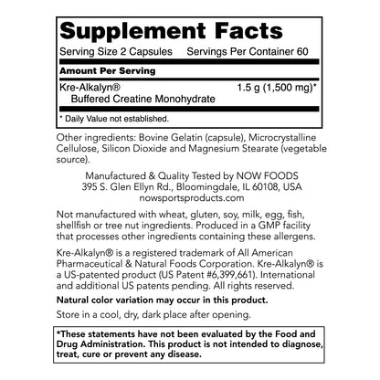 NOW Foods Kre-Alkalyn Creatine, 1500Mg, 120 Capsules