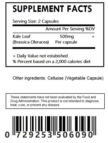 Kale Leaf Capsules - 60 Count 500Mg Each (Brassica Oleracea) Organic Superfood