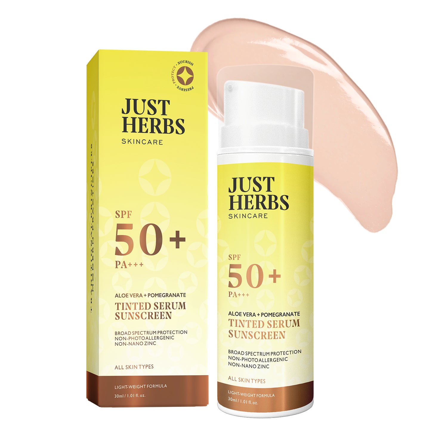 Just Herbs Tinted Sunscreen Serum with SPF 50+ PA++++ UVA/UVB 1.01 Fl. Oz.