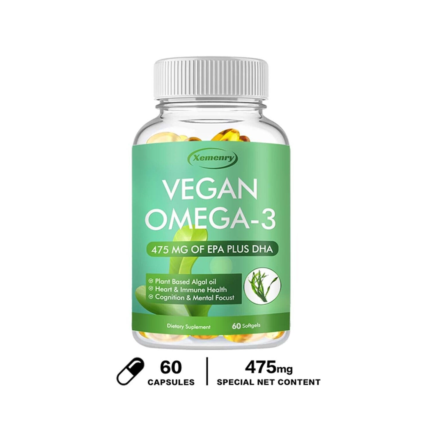 Vegan Omega-3 Algae Oil Capsules 475Mg - EPA, DHA - Heart, Bone and Joint Health