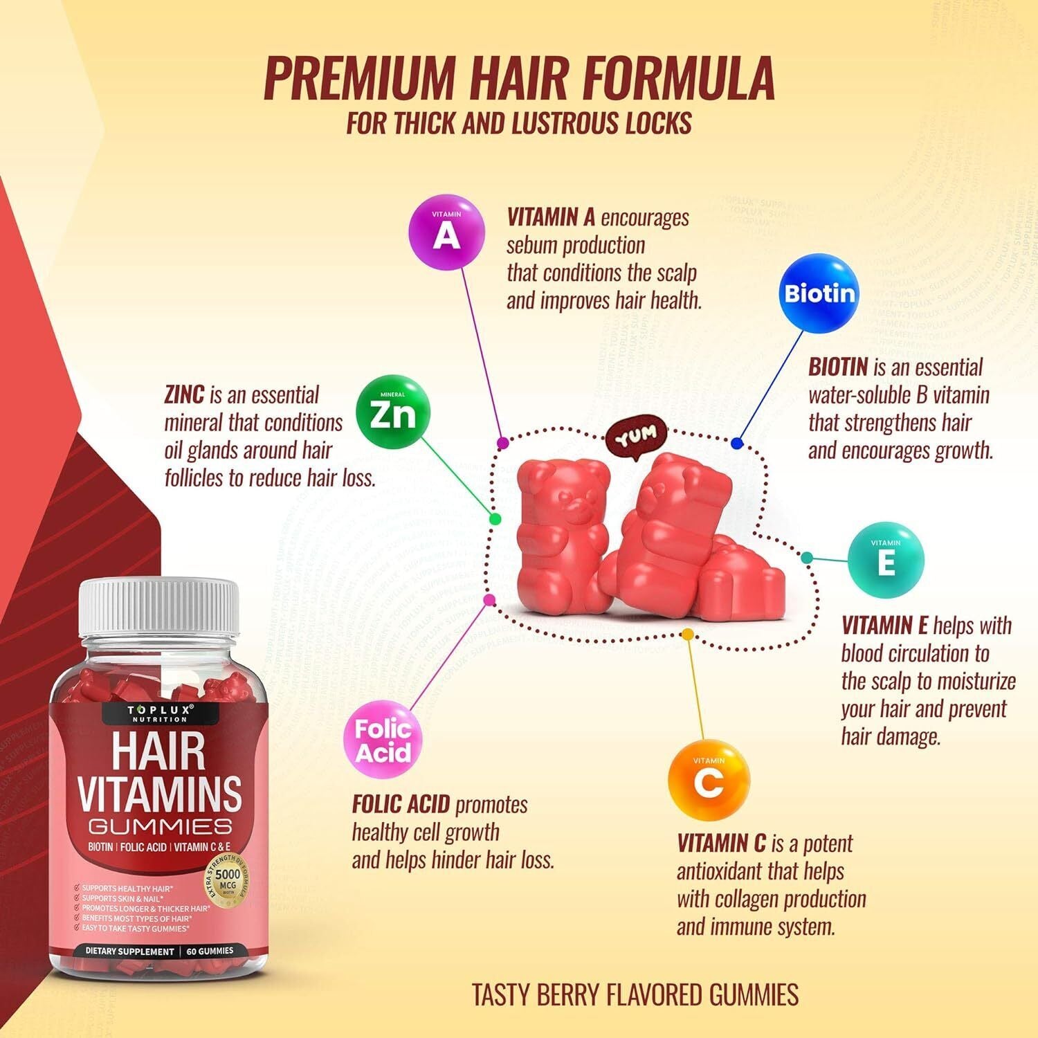 Hair Vitamins Gummies Supplement – Faster Hair Growth Gummy 5000Mcg Biotin, Foli