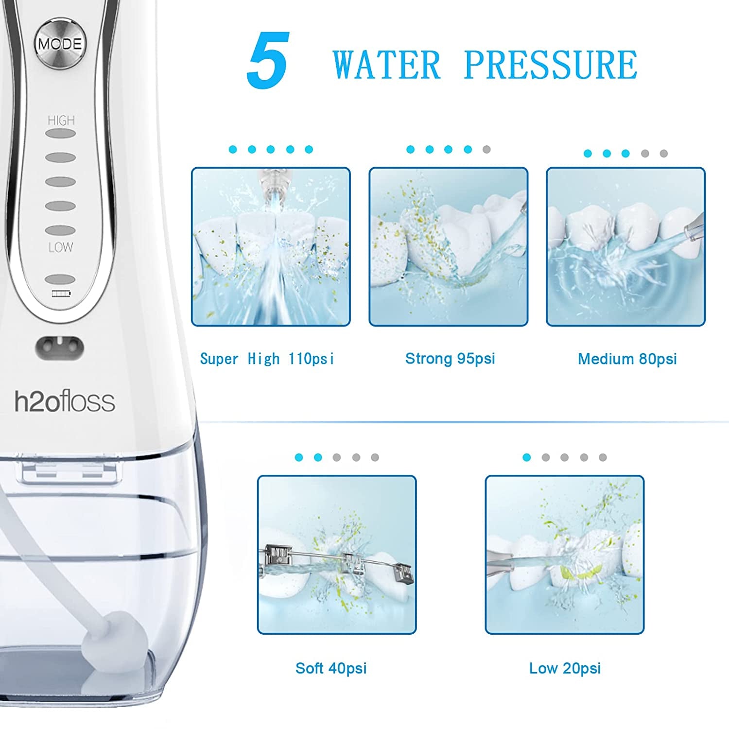 H2Ofloss Water Flosser Portable Dental Oral Irrigator with 5 Modes, 6 Replaceabl