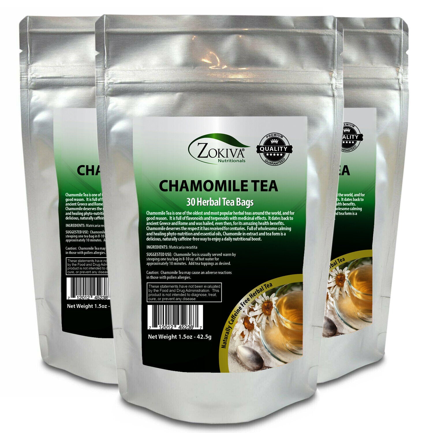 Chamomile Tea Bags 3-Pack (90) Natural Premium Calming Tea in Resealable Pouch