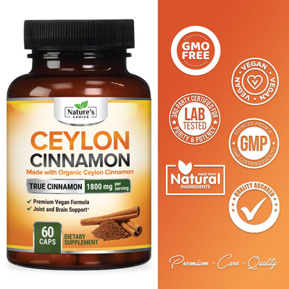 Organic Ceylon Cinnamon Capsules 1800Mg Highest Potency Blood Sugar Support