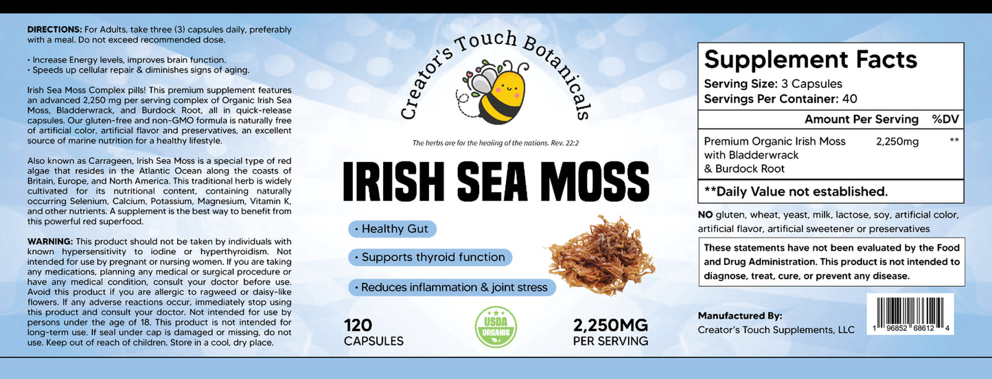 Premium Sea Moss Capsules, Organic, 120 Caps. 2,250Mg 92 Nutrients & Minerals