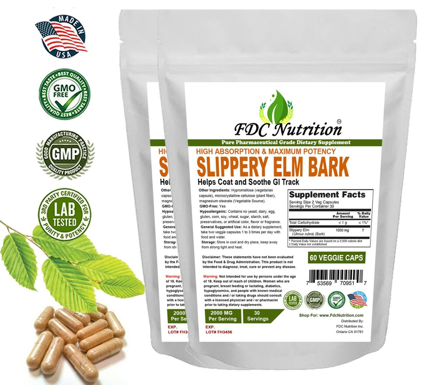 SLIPPERY ELM BARK EXTRACT Capsules 1000Mg Helps Soothe the Throat Cough 120 Cap