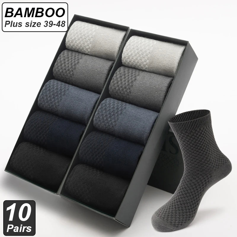 10Pairs/Lot Men'S Bamboo Fiber Socks Long Black Business Soft Breathable New High Quality Autumn for Male Socks plus Size 39-48