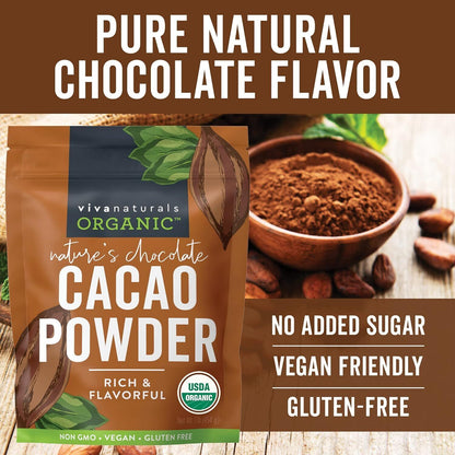 Viva Naturals Organic Cacao Powder, 1Lb - Unsweetened Cacao Powder with Rich Dar