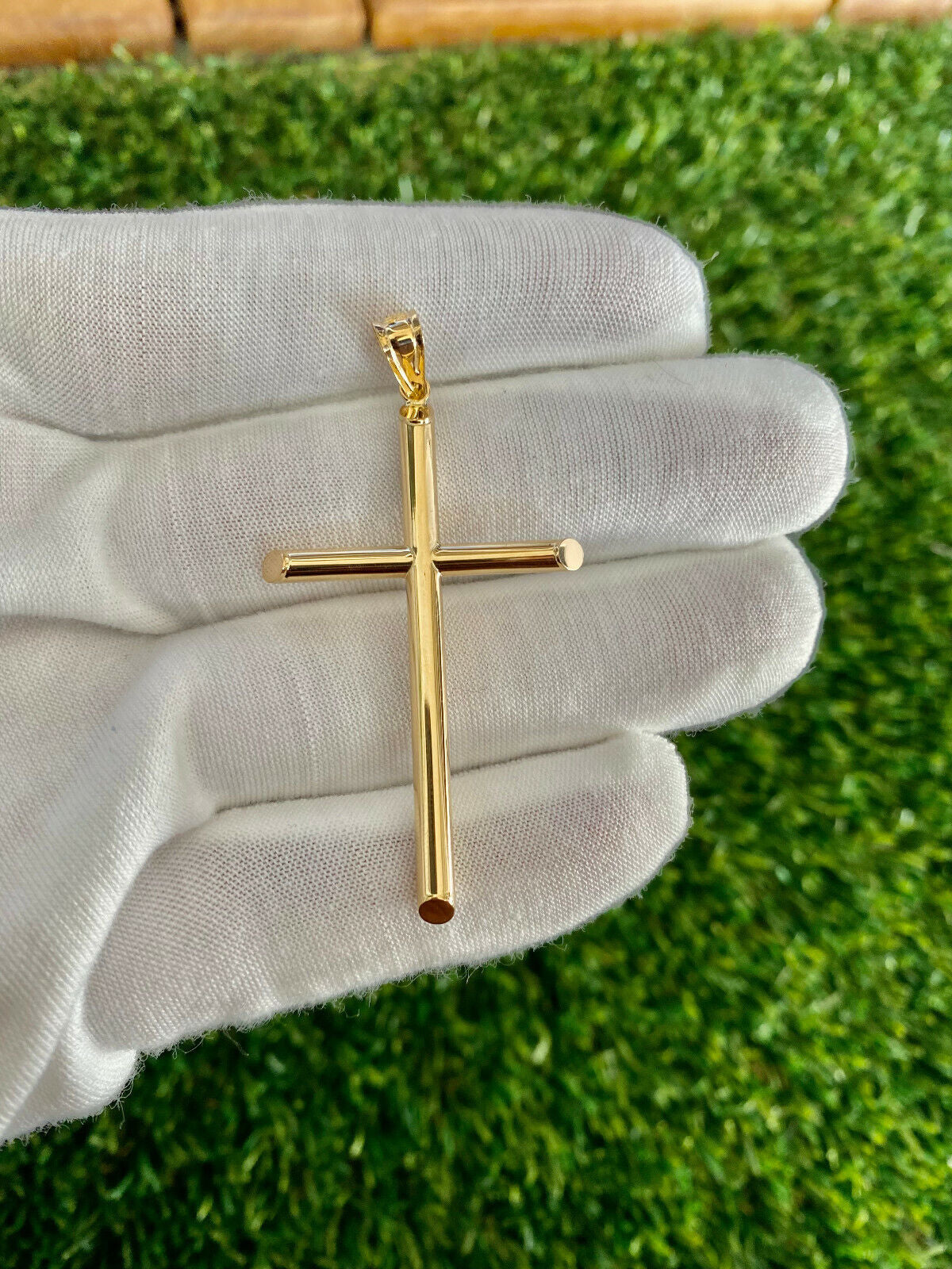 Unisex Real 14K Solid Yellow Gold Cross Latin Polished Charm Pendant Necklace