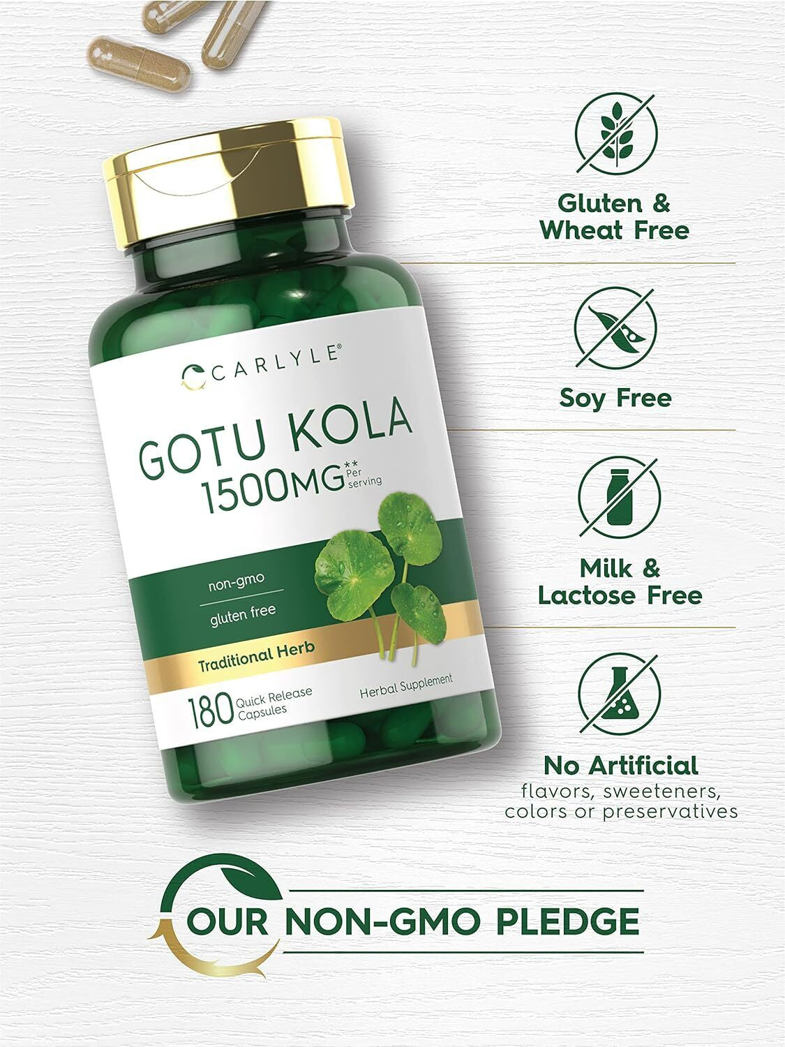 Gotu Kola Capsules 1500Mg | 180 Count | Non-Gmo, Gluten Free | Traditional Herb