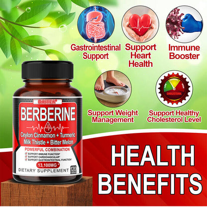 Premium Berberine HCL 600Mg plus Organic Ceylon Cinnamon - 30/60/120 Capsules