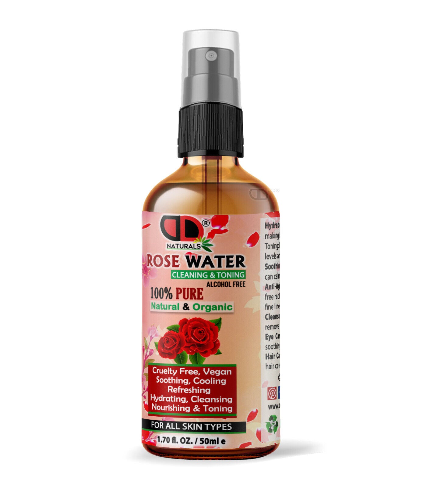 100% Pure Natural Organic Rose Water Toner Cleanser, Moisturiser for Fresh Face