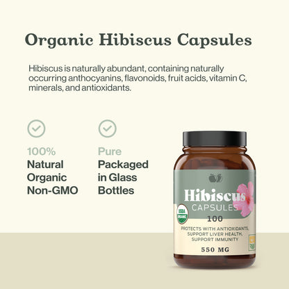 Organic Hibiscus Capsules - 100 Count, 550Mg, Antioxidant & Herbal Hibiscus