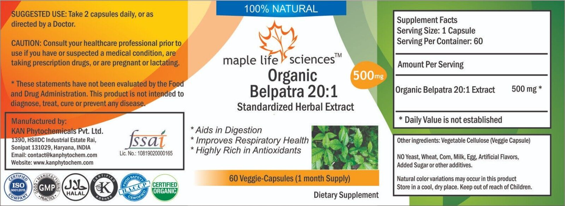 ORGANIC Belpatra 20:1 Extract Capsules Bael Bilva Leaves Wood Apple Antimicrobia