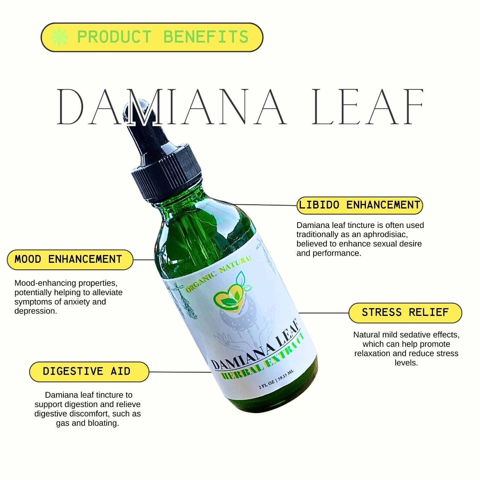 Damiana Extract Non-Alcohol Liquid Herbal Drops Natural Organic Plant-Base 2 OZ