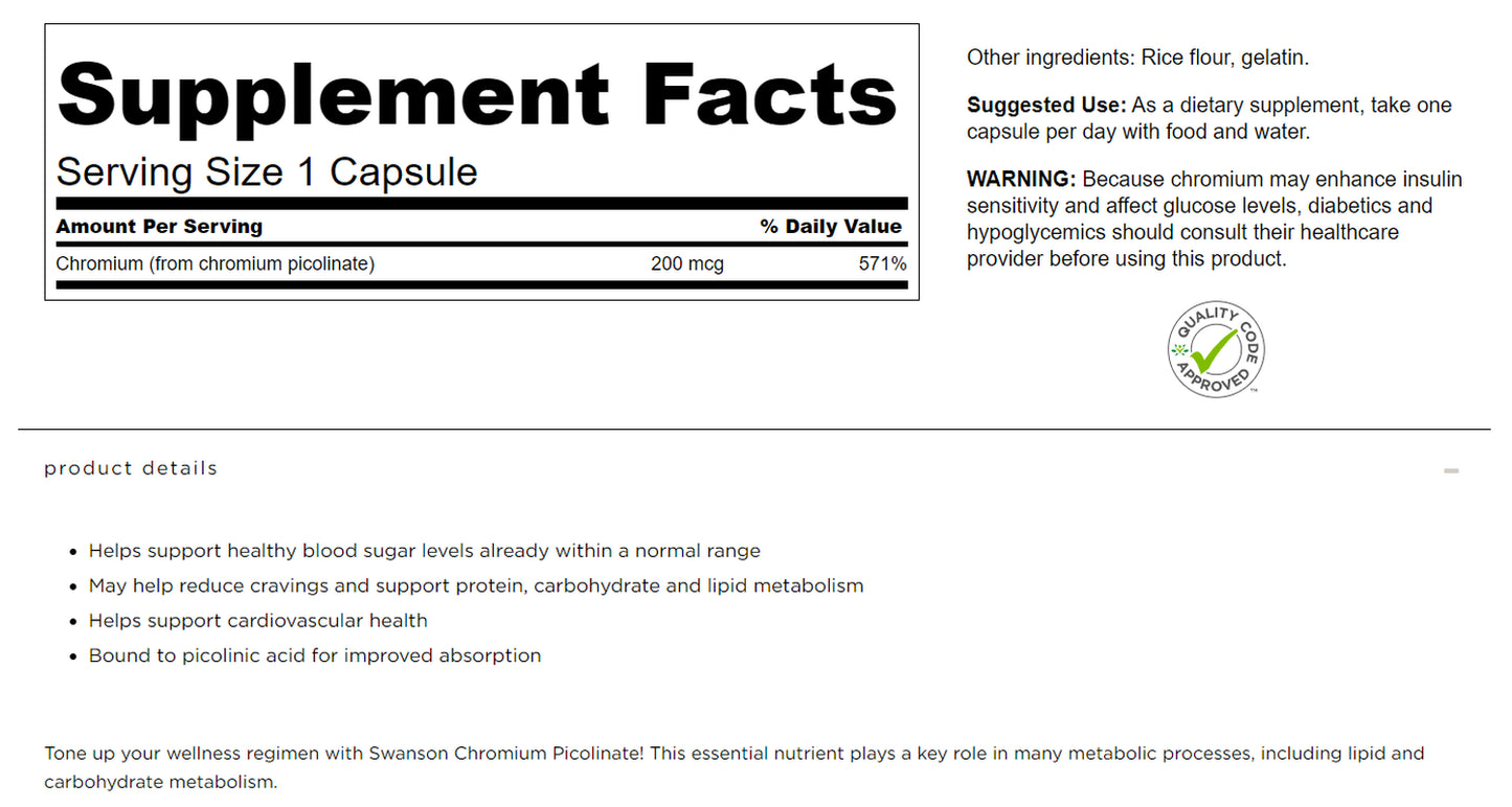 Swanson Chrome Picolinate 200Mcg 2 X 100 Capsules