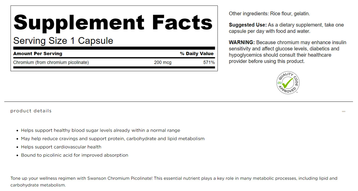 Swanson Chrome Picolinate 200Mcg 2 X 100 Capsules