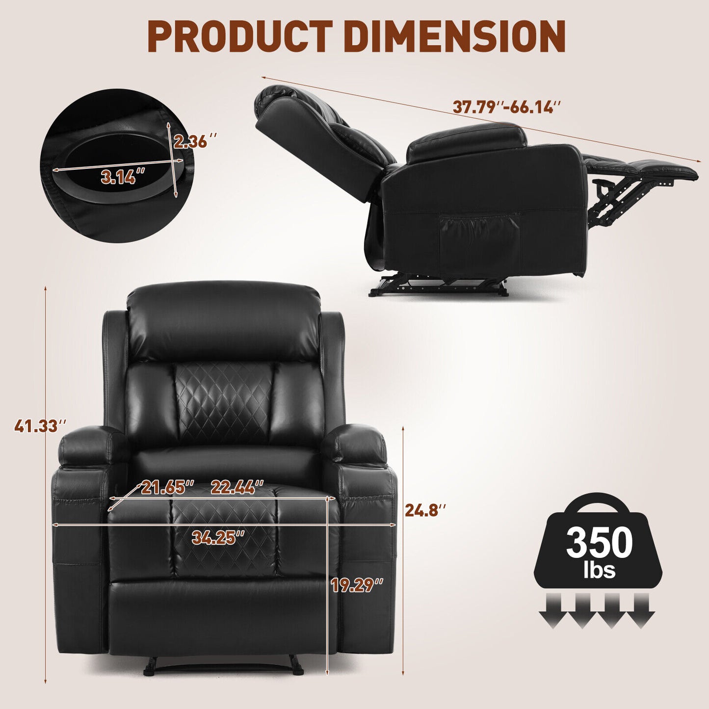 Black PU Leather Massage Recliner Chair Single Sofa Heated W/Remote,2 Cup Holder