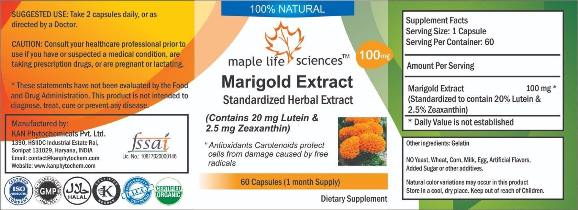 Marigold Extract Capsules 20% Lutein with Zeaxanthin Antioxidant Eye Health