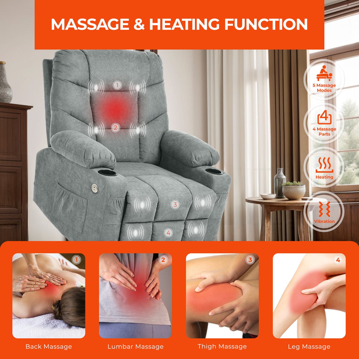 Electric Power Lift Recliner Chair Heat Vibrate Massage Sofa Cup Holder USB Port