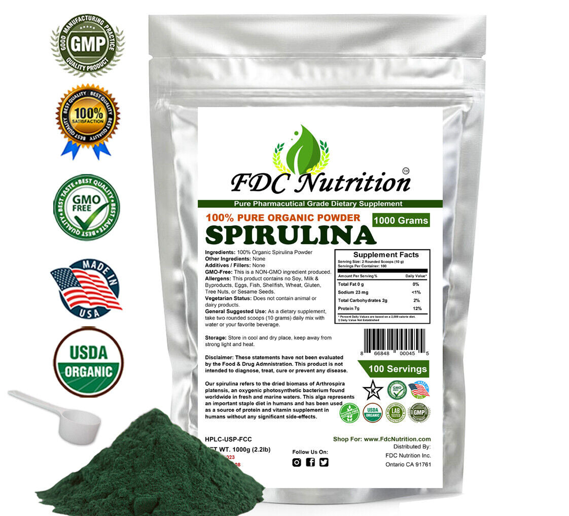 FDC 100% Pure Spirulina Powder 1000 G (2.2LB) Gmo-Free, Kosher, Non-Irradiated