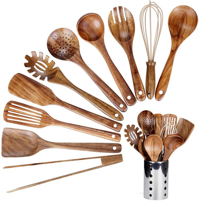 Wooden Kitchen Utensils for Cooking Natural Wood Utensil Set Wooden Spoons 7/8/11/13Pcs Nonstick Set Spatula