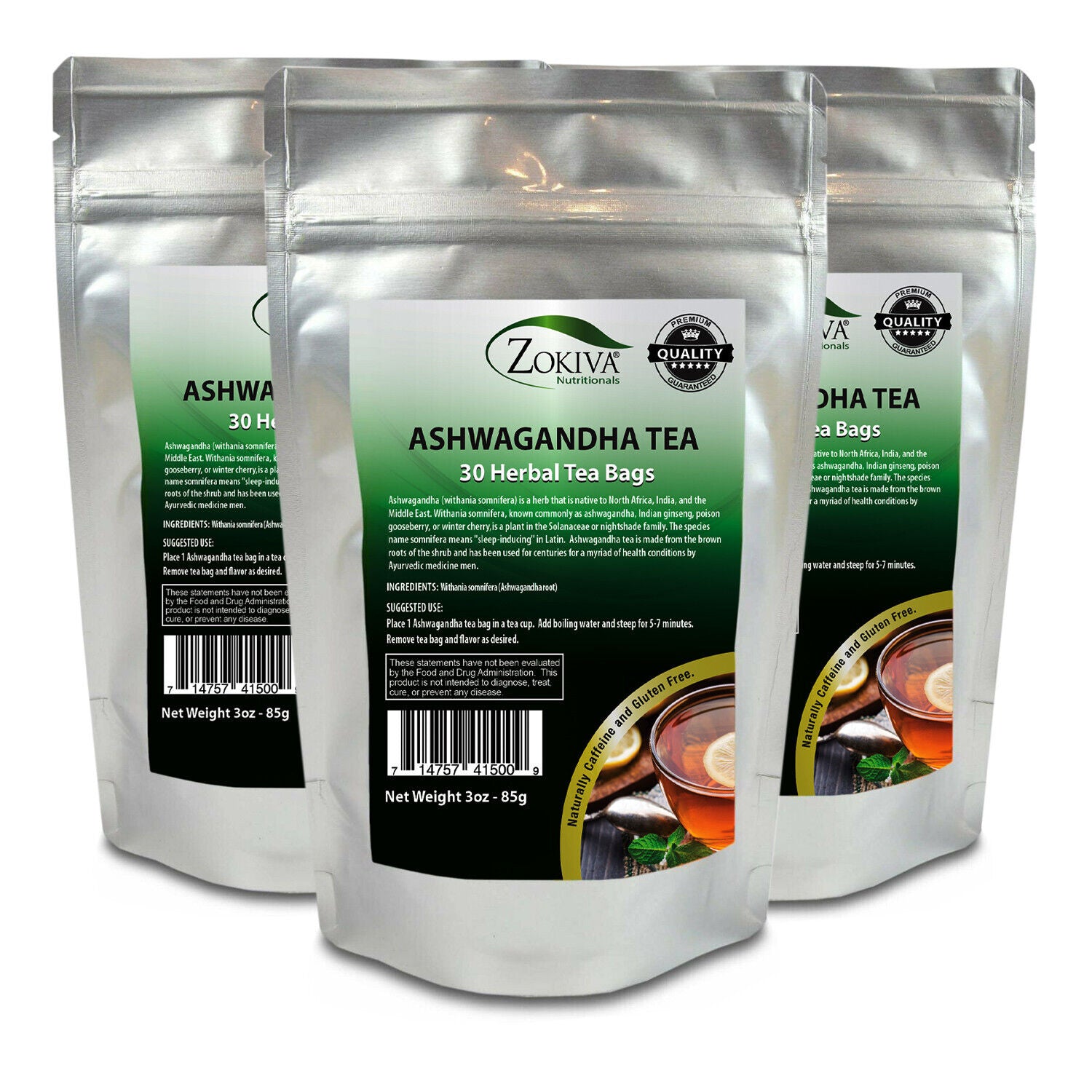 Ashwagandha Tea Bags 3-PACK (90) Withania Somnifera in Resealable Zip Pouch