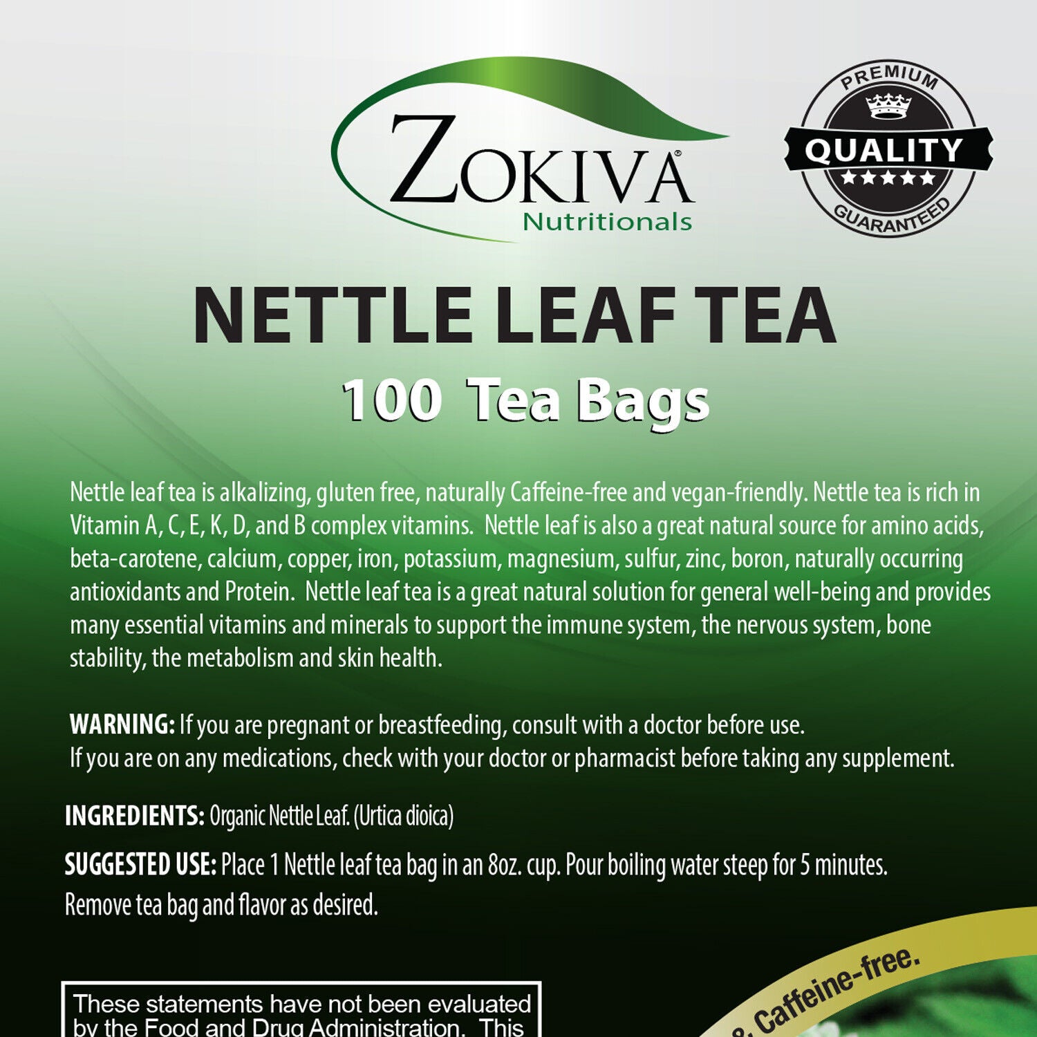 Nettle Leaf Tea Bags Mega-Pack (100) Premium Caffeine-Free Herbal Leaf Tea Bags