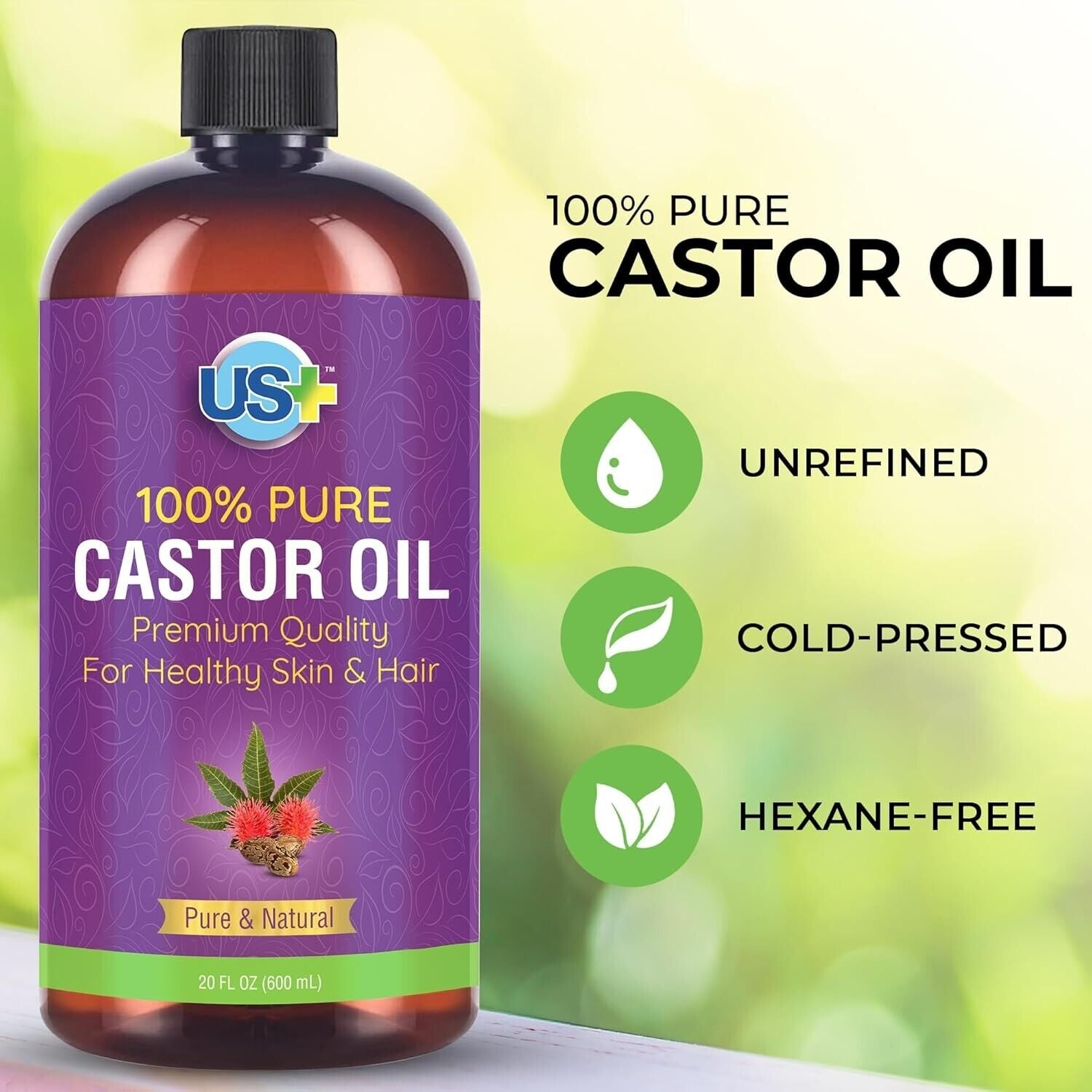 Castor Oil - Cold-Pressed, Unrefined, Hexane-Free - BPA Free Plastic Bottle 20Oz