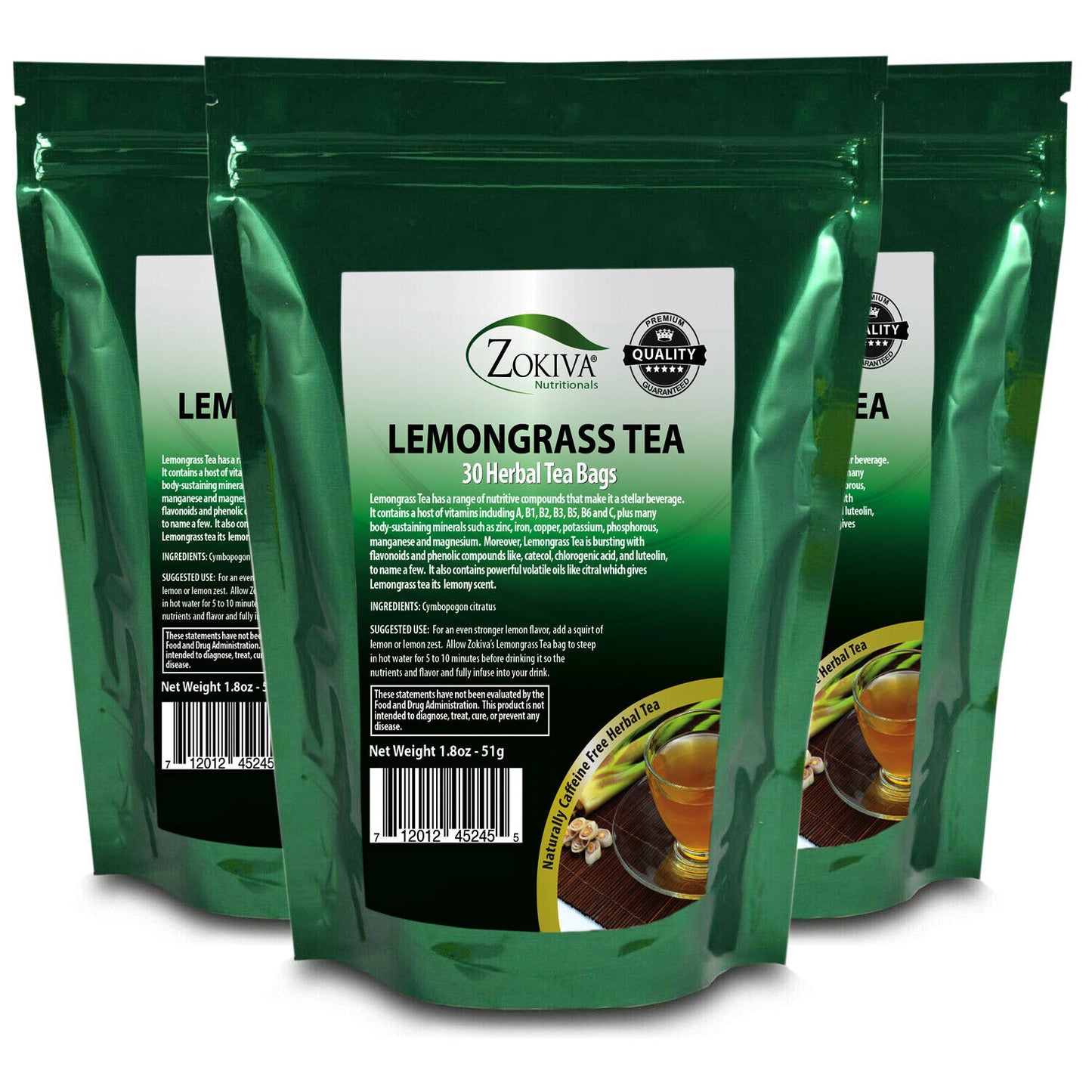 Lemongrass Tea Bags 3-Pack (90) All-Natural, Premium Caffeine Free Herbal Tea