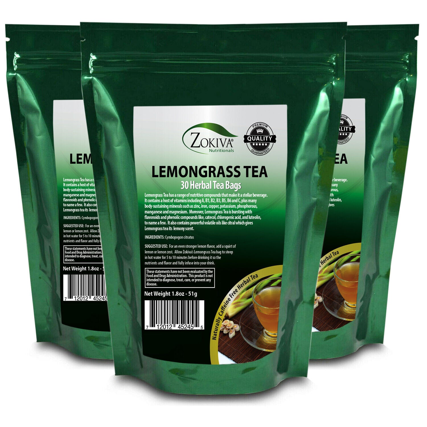 Lemongrass Tea Bags 3-Pack (90) All-Natural, Premium Caffeine Free Herbal Tea