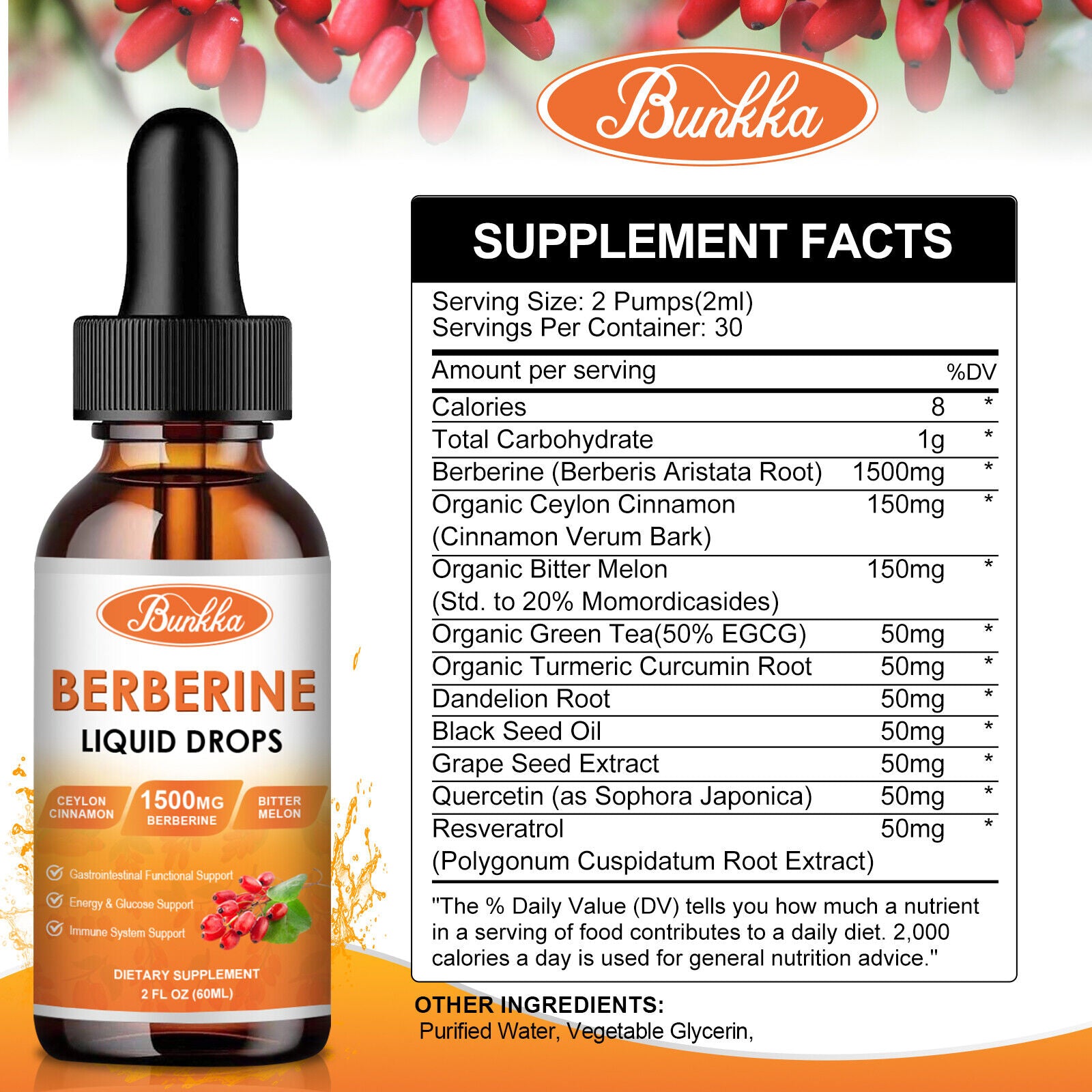 1500Mg Berberine Liquid Drops Organic Ceylon Cinnamon Bitter Melon 2 FL OZ