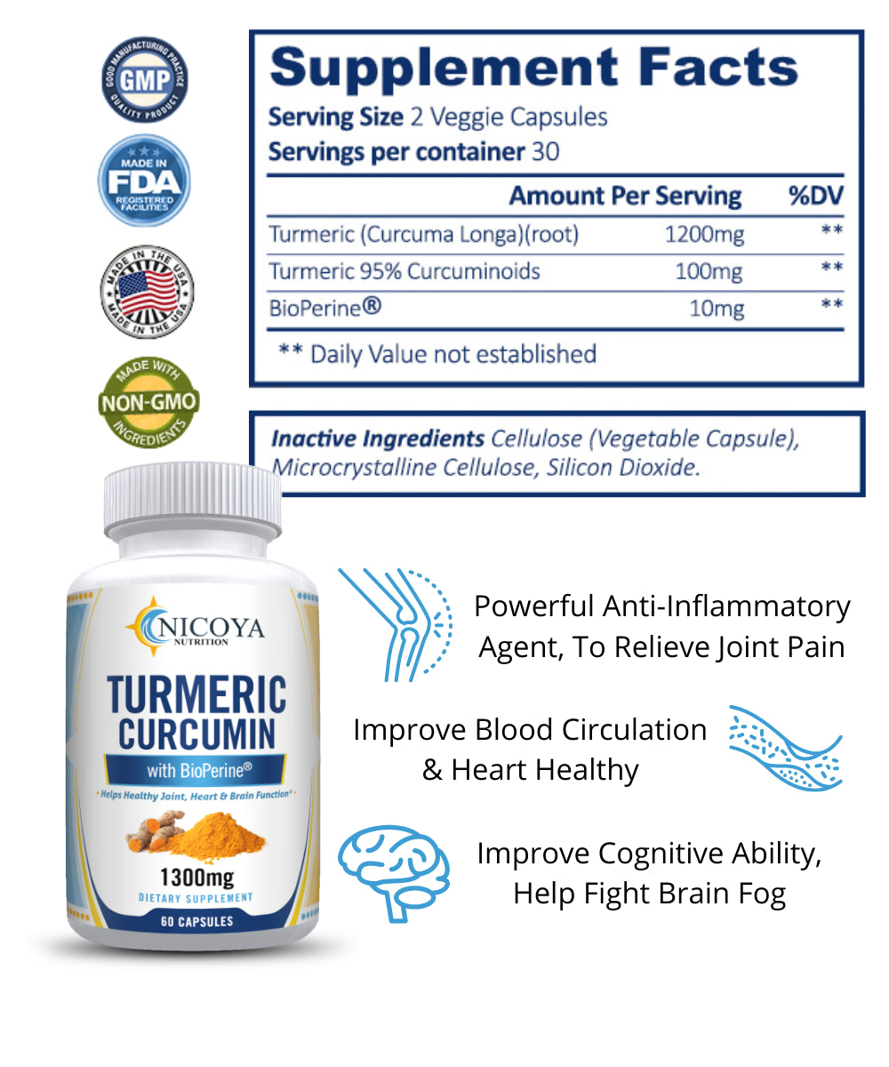 Turmeric Curcumin Highest Potency 95% 1300Mg with Bioperine Black Pepper Extract