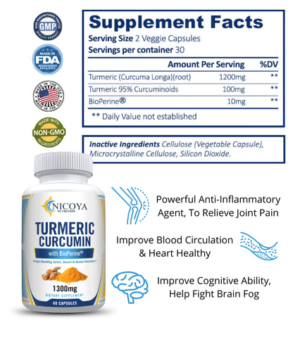 Turmeric Curcumin Highest Potency 95% 1300Mg with Bioperine Black Pepper Extract