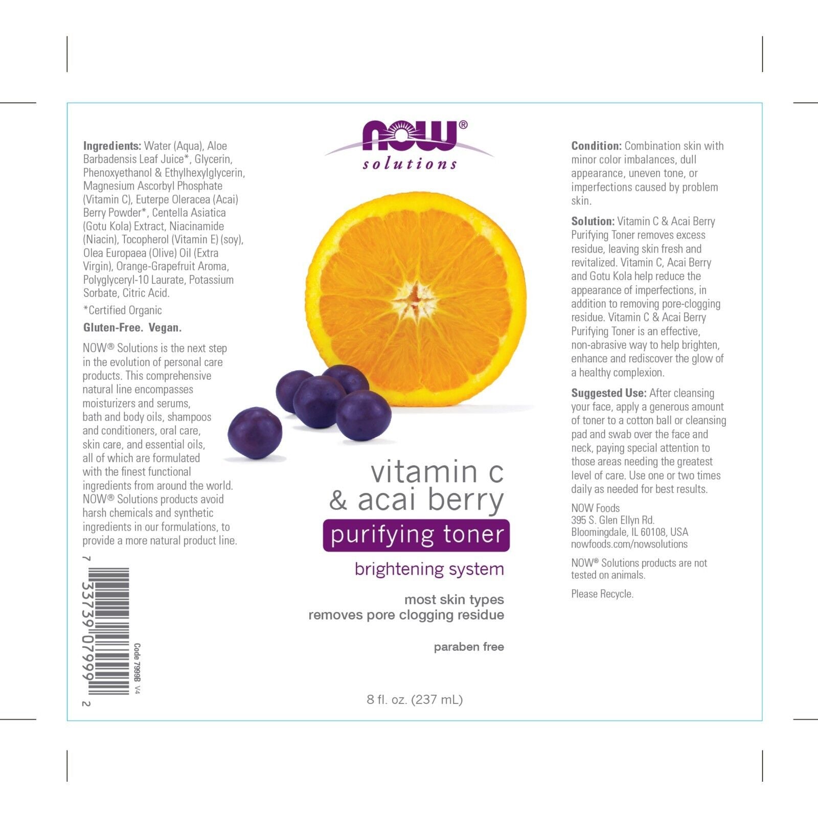 NOW Foods Vitamin C & Acai Berry Purifying Toner, 8 Fl.. Oz.